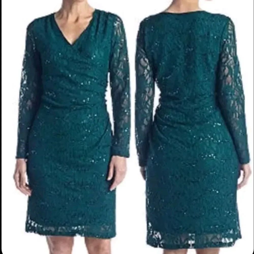 BRAND NEW RONNI NICOLE LONG SLEEVE LACE  SEQUIM RUCHED DETAILS DRESS